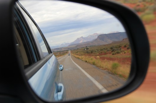 Rear-view mirror of Zion Mountains, by daveynin