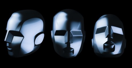 Abstract robot head from different angles on black background. Artificial intelligence. 3D render.